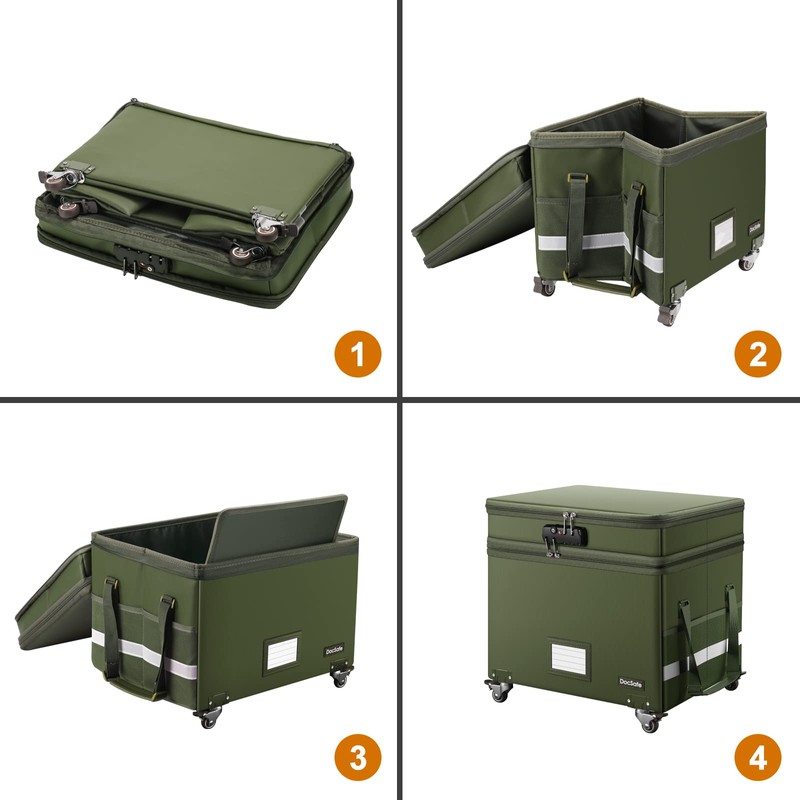 DocSafe File Box with Lock,2-Layer Fireproof Document Box with Wheels,Collapsible