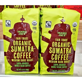 Trader Joe’s Organic Sumatra Medium Dark Roast Whole Bean Coffee 13oz (2 Bags)