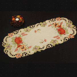 Quinnyshop Pumpkin and Sunflower Embroidery Table Runner 45 x 110 cm Polyester Cream