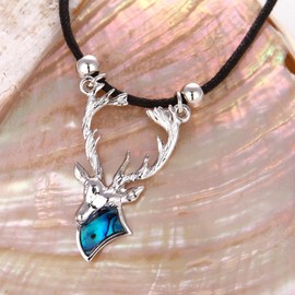 Barch Young Reindeer Pendant Necklace for Women Blue Abalone Paua Shell Deer Pendant on Black Cord/Stainless Chain, Xmas Christmas Necklace Holiday Jewelry Gift