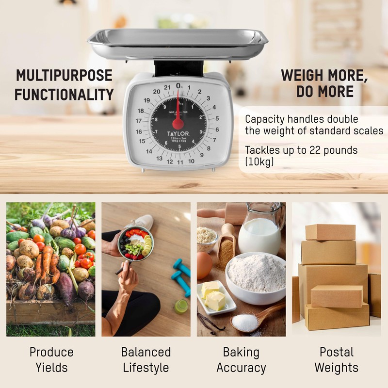 Taylor Analog Kitchen Scale Mechanical Food Scale, 22 lb Capacity,