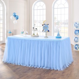9FT Blue Tulle Table Skirt for Rectangle or Round Table Tutu Table Skirting for Wedding Birthday Party Baby Shower Gender Reveal Bridal Shower Home Decor