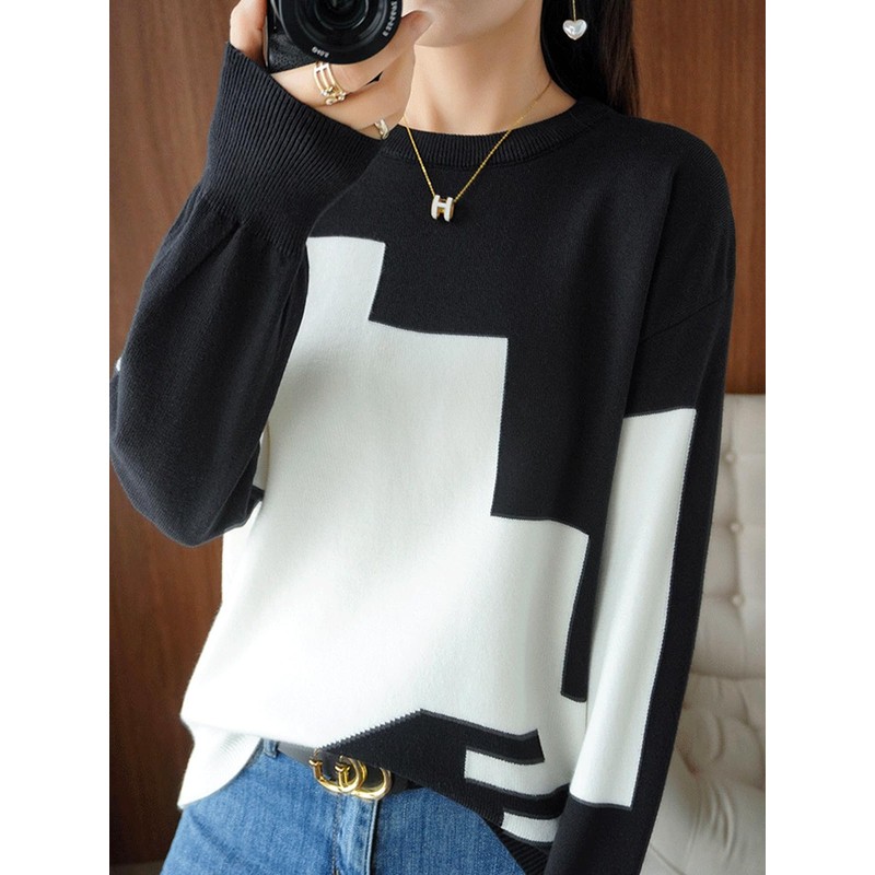 unifiss 033A Knit, Bi-Color, Pattern, Crew Neck, Long Sleeve, Cute,