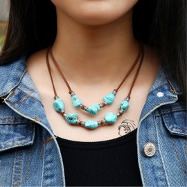 CANEVINKA 2 Strands Genuine Suede Cord Turquoise Choker Necklace Magnetic Clasp Jewelry for Women 18"