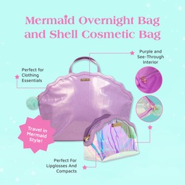 Glimmer Wish Mermaid Overnight Bag and Shell Cosmetic Bag for Essentials and Cosmetics, Secure and Organized Travel Bags, Gifts for Teens and Girls