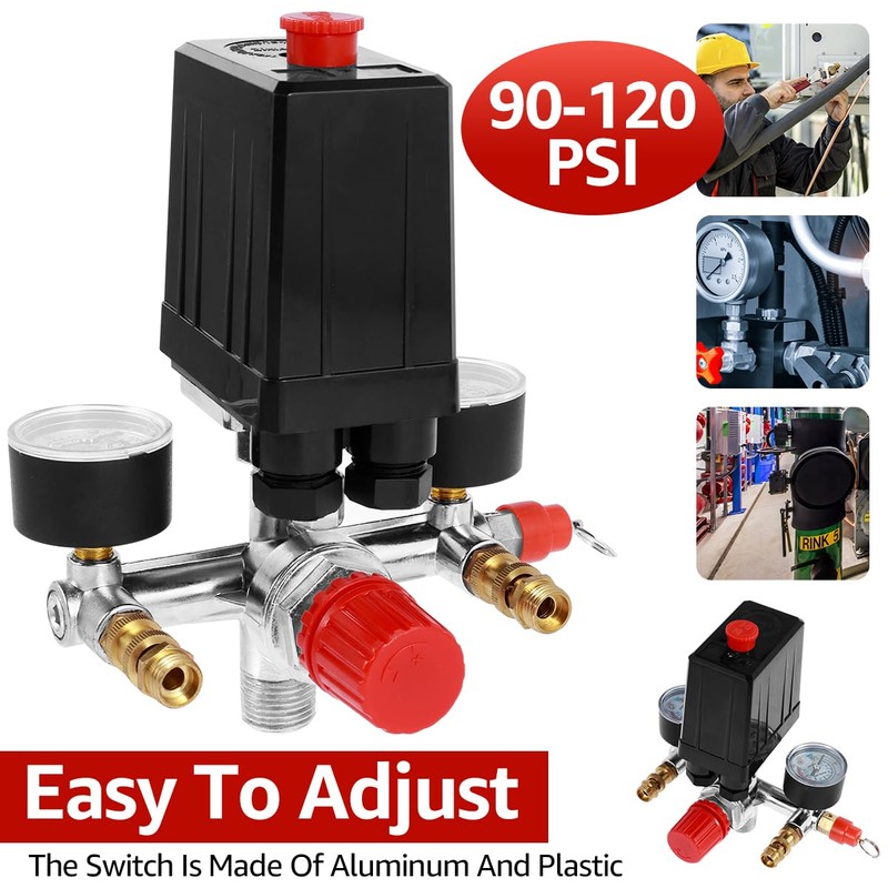 Air Compressor Pressure Switch 90-120PSI Adjustable Manifold Regulator Gauge Durable