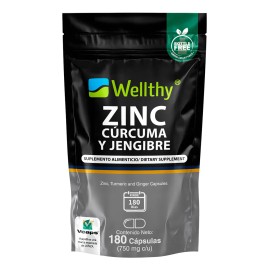 Zinc, Curcuma Y Jengibre 180 Cápsulas Wellthy Sabor Sin Sabor
