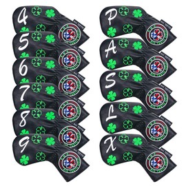 Big Teeth Golf Iron Covers Headcovers Set 11 Pieces (4-9, P, A, S, L, X) Number Embroidered Long Neck Elastic Closure Clover Embroidery Synthetic Leather Black