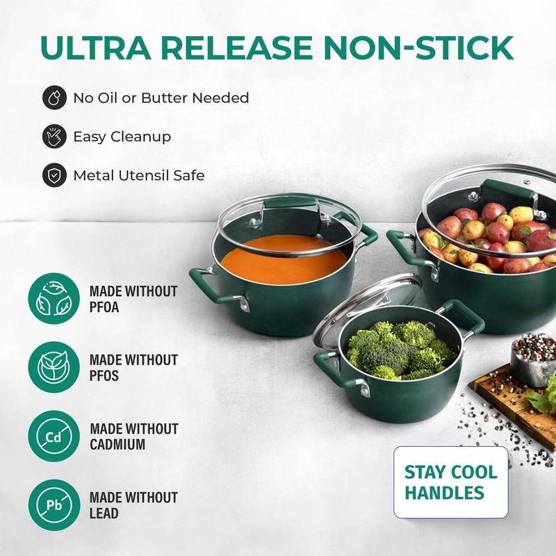 Granitestone Green Pots and Pans Set Nonstick, 6 Stackable Piece