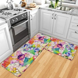 2-Piece Kitchen Mat Set - Premium Linen Fabric Top with Anti-Slip Plastic Backing, Colorful Floral Design, 17x30 + 17x47, Perfect for Home Décor and Comfort