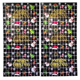 Prudance 2Pcs Black Christmas Foil Fringe Curtain,Sequin Square Curtain Photo Backdrop Props Suitable for Christmas New Years Decor (3.3 x 6.6 Ft)