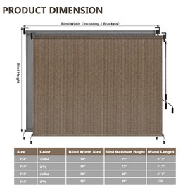 TLSUNNY Roller Shade Outdoor 8' W x 6' H - HDPE Sun Shade Cloth, Aluminum Tube Frame with Cordless Crank,Patio Shade, Pergola Cover & Garden Shade(Coffee)