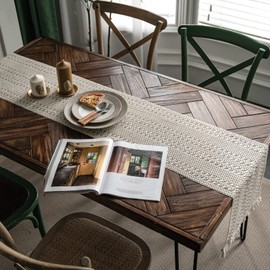 Weldomcor Macrame Table Runner, Boho Cotton Flax Table Runner with Tassels, 30 x 180 cm, Rectangular Crochet Lace Mesh Tablecloth for Kitchen, Vintage, Farmhouse, Bohemian Wedding, Tabletop Decor