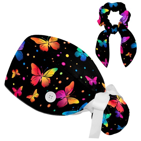 Scrub Caps Women with Button,Abstract Color Butterfly Dots Adjustable Surgical