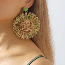 Rrdaily Flower Drop Earrings for Women,Bohemian Raffia Woven Floral Earrings Vintage Sunflower Summer Flower Earrings Boho Statement Dangle Earrings Trendy Cute Holiday Jewelry Gifts (Green)