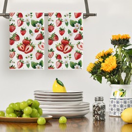 Artoid Mode Fruit Strawberry Summer Kitchen Towels Dish Towels, 18x26 Inch Farmhouse Flowers Decoration Hand Towels Set of 2