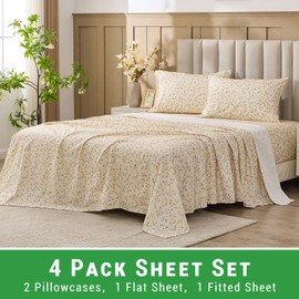Gogreen 100% Cotton Sheet Set California King Size, Khaki Floral, 4PC Set, Breathable Bed Sheet for Hot Sleeper and Night Sweats, Deep Pocket Up to 16 Inches
