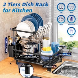 GAOKASE 2 Tiers Dish Drying Rack, Space-Saving Dish Racks for Kitchen Counter, Dish Drainer Drying Rack with Drainboard, Utensil Holder Cups Holder Plate Rack and Automatic Drainage Drainboard, Black