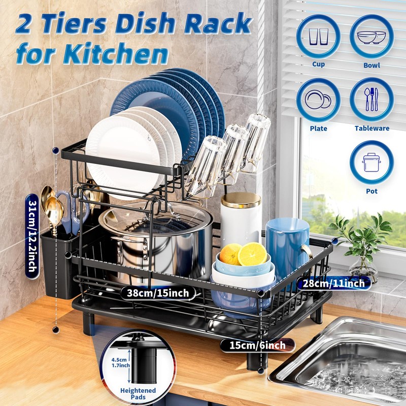 GAOKASE 2 Tiers Dish Drying Rack, Space-Saving Dish Racks for