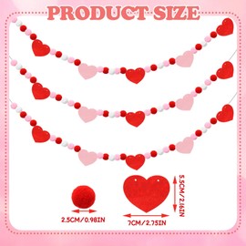 3 Pcs Valentine’s Day Heart Felt Banner Red Pink White Heart Felt Banner Valentine’s Day Pom Pom Ball Garland Valentine’s Day Heart Pompom Hanging Garland for Valentine’s Day Home Party Favors