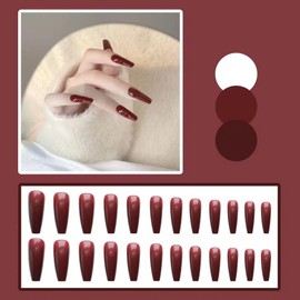 Ztcily Künstliche Nägel, lang, Rot, French Sarg, künstliche Nägel mit Kleber für Damen, Zubehör oder Geschenkidee für Weihnachten, Neujahr, Valentinstag, Hochzeit