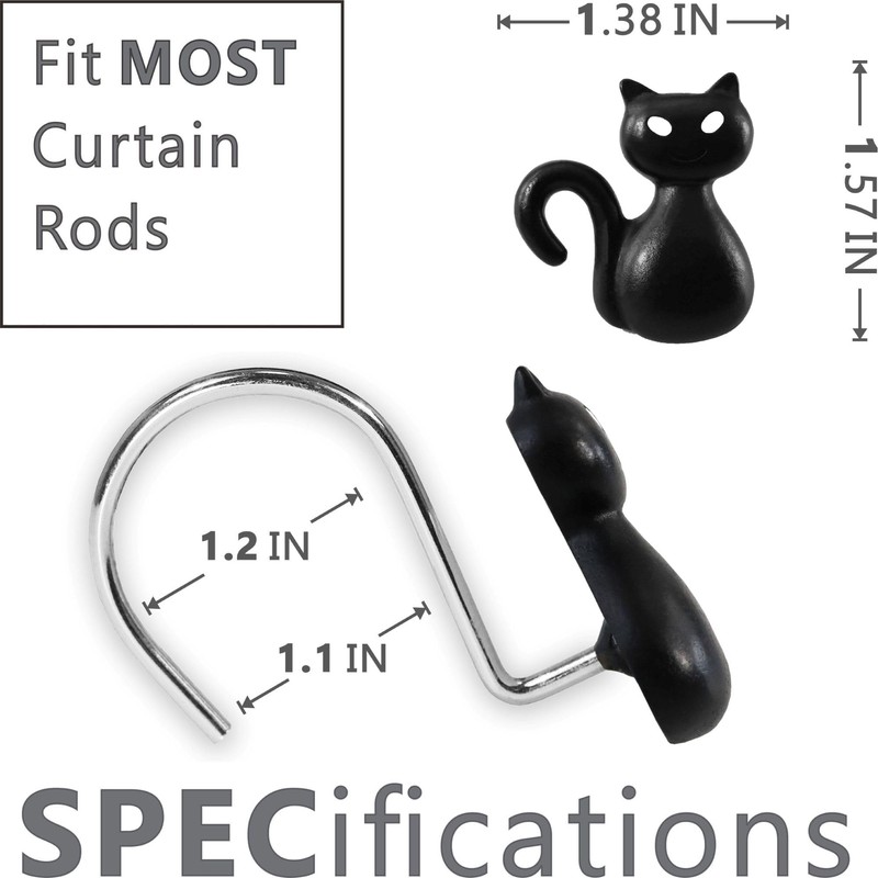 Spooky Halloween Shower Curtain Hooks: Black Cat Decorative Rings, 12Pcs