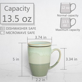 Bosmarlin Ceramic Tea Cup with Infuser and Lid, 13.5 Oz, 4 Colors to Choose, Microwave and Dishwasher Safe, Steeping Tea Mug with Strainer, Reactive Glaze (Green)