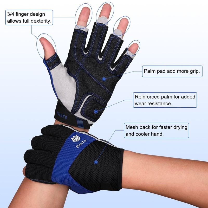 FitsT4 Sports Kayaking Gloves 3/4 or Full Finger Padded Palm