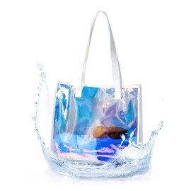 Woeoe Holographic Iridescent Clear Tote Bag for Women Waterproof Sandproof Beach Shoulder Handbags​ Bags Reusable Favor Bags for Work Stadium Travel​