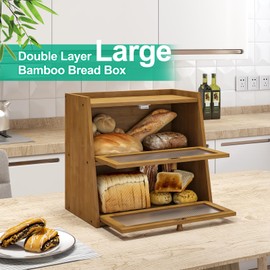 kiplant Bread Box for Kitchen Counter, Double Layer Large Bamboo Wood Bread Box, Bamboo Bread Storage Container with Wavy Arcylic Transparent Door