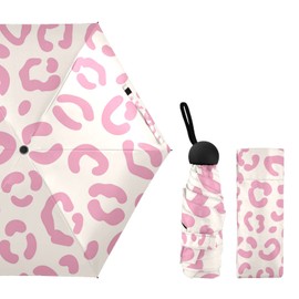 Trendy Wild Pink Leopard Skin Seamless On White Small Mini Anti-UV Compact Travel Umbrella, 5 Folding Ultra-Light Umbrella, 6 Ribs Pocket Windproof Foldable Vinyl Parasol