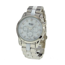 GENEVA PLATINUM 9154Women's Rhinestone Decorative Chronograph-style Link Watch-SIL/WHT