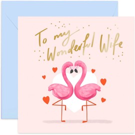 Old English Co. Happy Anniversary Cute Pink Flamingo Card - Romantic Animal Couple Greeting Card for Him and Her | Gold Foil Detail | Blank Inside & Envelope Included (Wife)