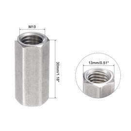 uxcell M10 x 1.5-Pitch 30mm Length 304 Stainless Steel Metric Hex Coupling Nut, 5-Pack
