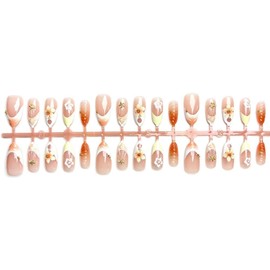 Handmade Press on Nails Medium Almond Fake Nails with Pearl Flower Design Yellow French Tip False Nails Rhinestone Starfish Ocean Glue on Nails Glossy Ombre Nail for Women Girls Manicure 30Pcs