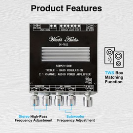 TWS 50W*2+100W Amplifier Board with Treble and Bass Control, DC 9-24V, BT+AUX Inputs, 2.1 Channel Subwoofer Stereo AMP Board, Support APP Control, for DIY Speakers (ZK-TB22)