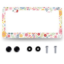 Colorful Floral Flowers License Plate Frame Beautiful Cute License Plate Personalise Stainless Steel Auto Parts Funny License Plate Decoration with Screws Size 12.3" x 6.3"