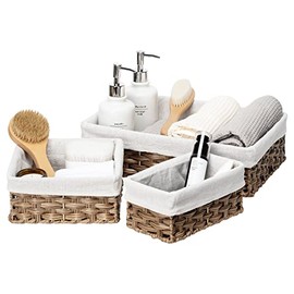 FairyHaus Small Wicker Baskets for Organizing, Waterproof Rectangle Wicker Storage Basket for Shelves, Nesting Lined Wicker Basket Set of 3, Rustic Brown