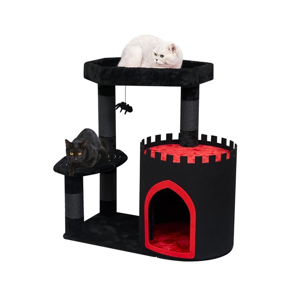 YARUOMY Gothic Cat Tree Castle, Black Cat Tower with Coffin