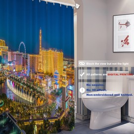 Batmerry Gold Modern City Decor Shower Curtain, Blue Night Skyline Bathroom Decor Polyester Fiber Plastic Rings Quick-Drying Waterproof for Bathtubs/Bathroom, 72x72 inches