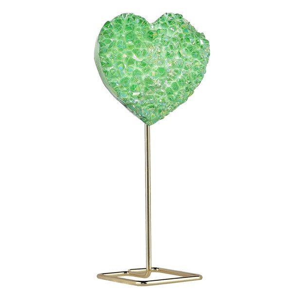 Nupuyai Green Titanium Plated Rock Crystal with Stainless Steel Stand Heart Geode Quartz Cluster Stone for Reiki Healing Home Decor