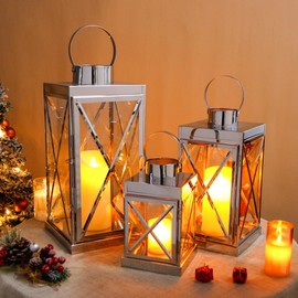 TRIROCKS Silver Stainless Steel Lantern Set of 3-Square Elegance 8/12/16 Inch Opulent Metal Candle Lanterns Candle Holder with Tempered Glass for Christmas Home Garden Indoor Outdoor Decor Celebratory