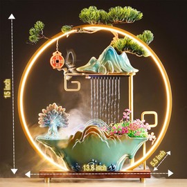 HSINYA Peacock Tabletop Water Fountains Indoor Waterfall Desktop Fountain for Meditation with Mist Japanese Fountain with Fake Plants Feng Shui Office Home Decor for Good Luck Wealth (Peacock)