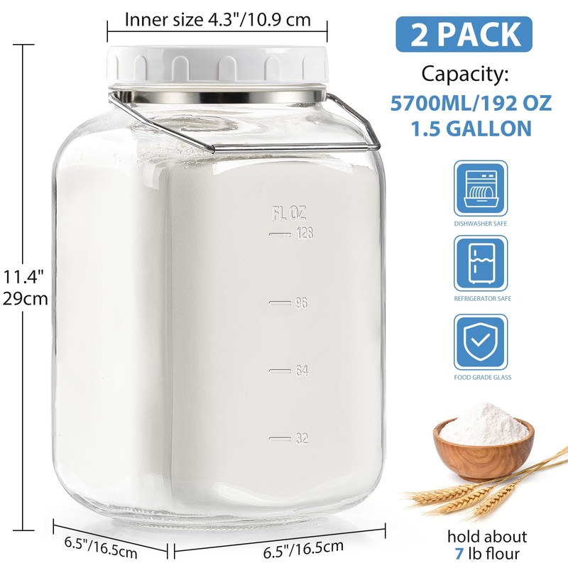 1.5 Gallon Glass Jar with airtight Lid, 2 Pack Wide