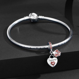 Aurevella 925 Sterling Silver Heart Shaped Birthstone Pendant Women's Gift Compatible with European and American Style Bracelets and Necklaces, Sterling Silver, Zircon gemstone.