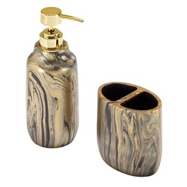 Nicole Miller - Bathroom Set, 2pc Resin Accessories, Toothbrush & Lotion Pump/Soap Dispenser (Harper Collection, Black/Gold)