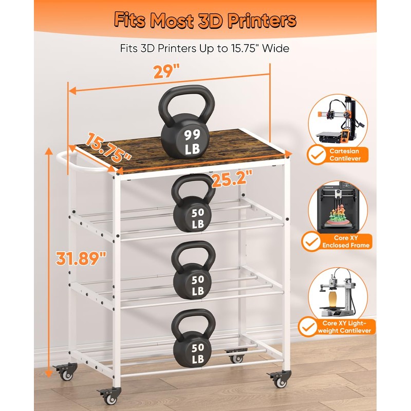 3D Printer Stand with Filament Storage Rack, 3-Tier Rolling Spool