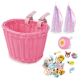 flintronic Children's Bicycle Basket, Braided Bicycle Basket for Girls and Children, Front, Removable Rattan Bicycle Basket with Leather Straps, Streamers Bicycle Bell Sticker (Pink)