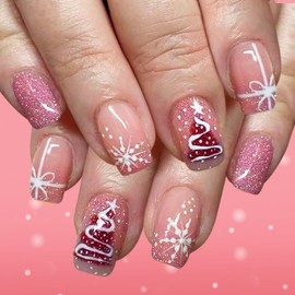 Christmas Press on Nails Glitter Pink Short Square Fake Nails Christmas Tree False Nails Snowflake Bow Designs Full Cover Glossy Glue on Nails for Women 24PCS