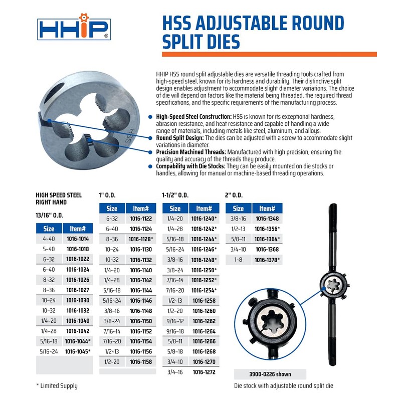 HHIP 1016-1026 8-32 (13/16 OD) Adjustable Round Split Die